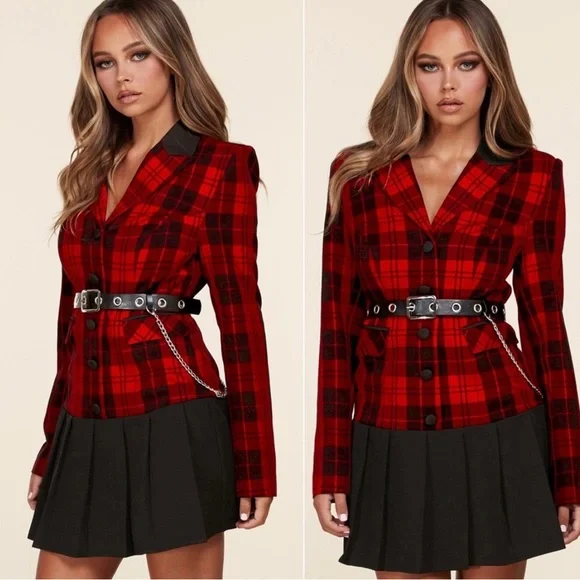 NWT! PREMIUM COLLECTION red black
plaid edgy mini dress with belt - Picture 2 of 3